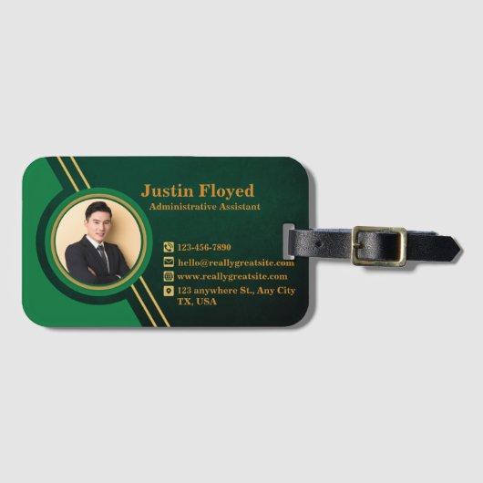 Zakelijke Logo Naam Afbeelding Groen en Goud Moder Bagagelabel (Voorkant (horizontaal))