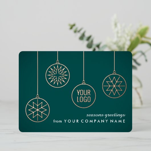 Zakelijke Logo Ornamenten Blauwgroen Green Christm Folie Feestdagenkaart (Staand Voorkant)