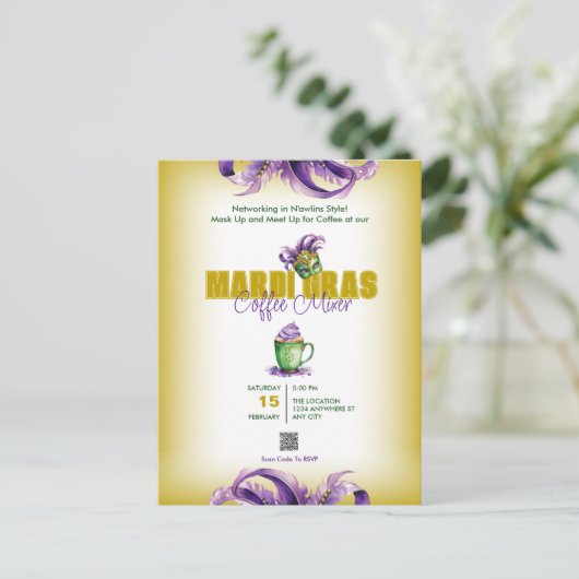 Zakelijke Mixer Mardi Gras QR Code uitnodiging (Staand voorkant)