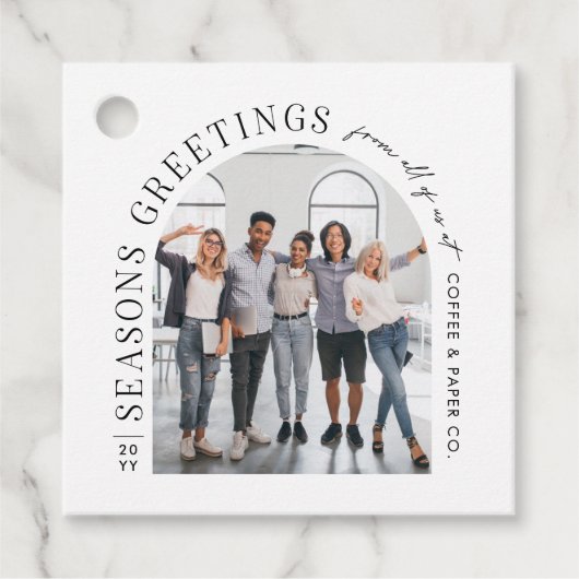 Zakelijke moderne boog foto kerst bedankjes labels (Voorkant)