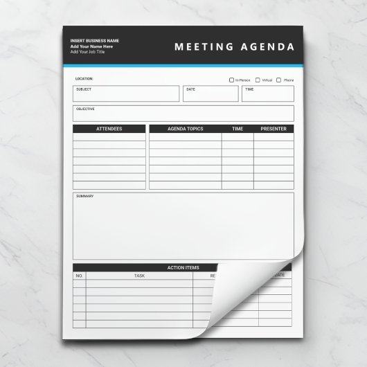 Zakelijke naam Eenvoudige vergadering agenda notit Notitieblok