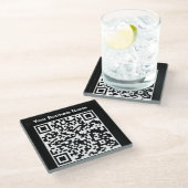 Zakelijke naam plus QR-code op een Glazen Onderzetter (Schuin)