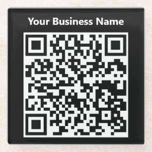Zakelijke naam plus QR-code op een Glazen Onderzetter