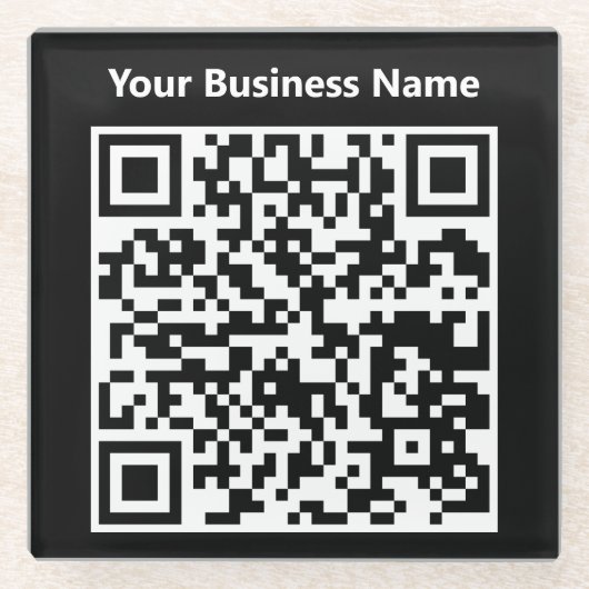 Zakelijke naam plus QR-code op een Glazen Onderzetter (Voorkant)