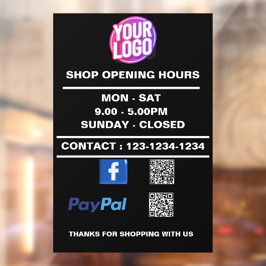 Zakelijke openingstijden met Facebook PayPal QR Co Raamsticker (Vel 2)