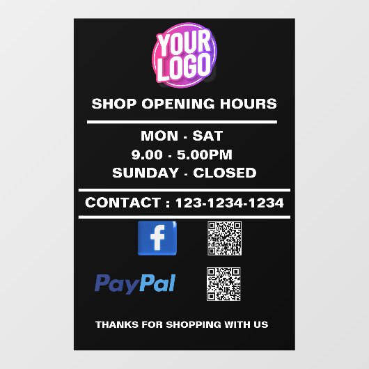 Zakelijke openingstijden met Facebook PayPal QR Co Raamsticker (Vel)