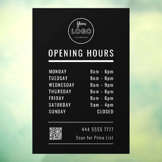 Zakelijke openingstijden op zwart met Logo QR-code Raamsticker (Vel 3)