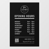 Zakelijke openingstijden op zwart met Logo QR-code Raamsticker (Vel)