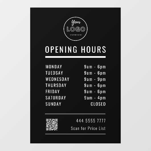 Zakelijke openingstijden op zwart met Logo QR-code Raamsticker (Vel)