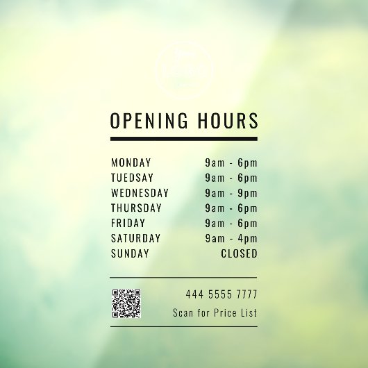 Zakelijke Openingstijden Zwart met Logo dan QR cod Raamsticker (Vel 3)