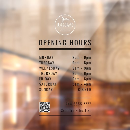Zakelijke Openingstijden Zwart met Logo dan QR cod Raamsticker (Vel 2)