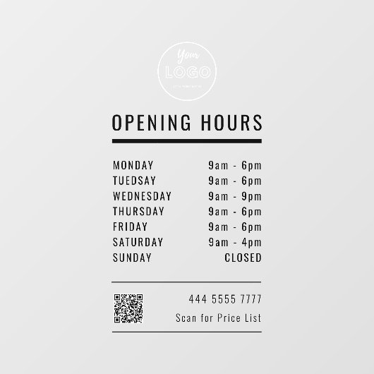 Zakelijke Openingstijden Zwart met Logo dan QR cod Raamsticker (Vel)