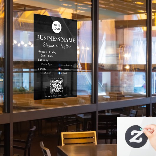 Zakelijke openingsuren Modern schrift & QR, social Raamsticker (Restaurant Raam)