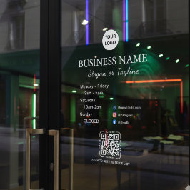 Zakelijke openingsuren Modern script & QR, social  Raamsticker