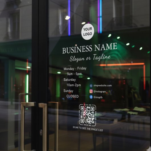 Zakelijke openingsuren Modern script & QR, social  Raamsticker