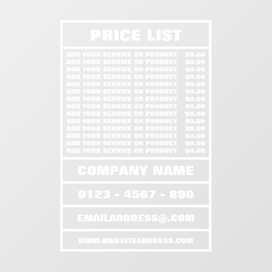 Zakelijke prijslijst en informatie raamsticker (Vel)
