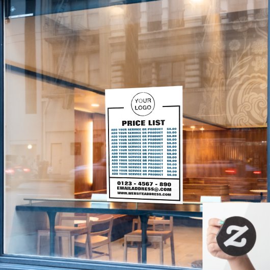 Zakelijke prijslijst, informatie en logo raamsticker (Cafe Raam)