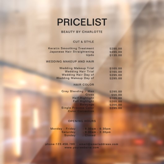 Zakelijke prijslijst & openingstijden raamsticker (Vel 2)
