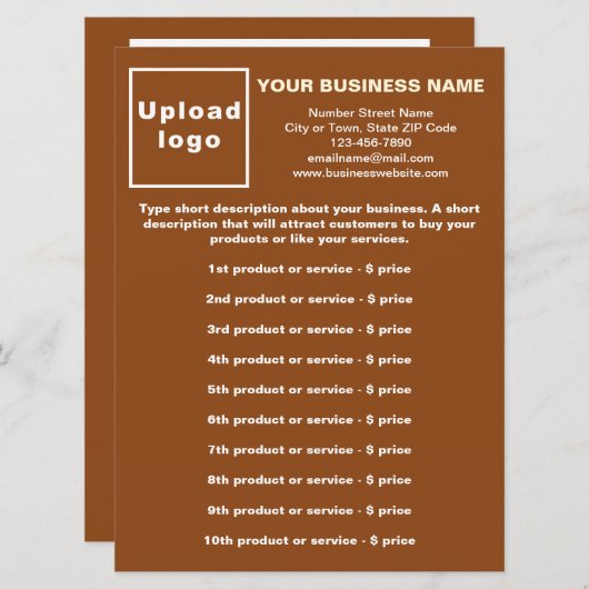 Zakelijke producten en prijzen op een bruine menuk menu (Voorkant / Achterkant)