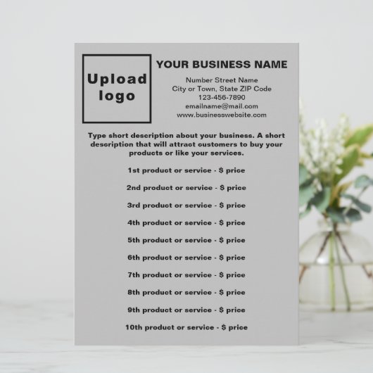 Zakelijke producten en prijzen op grijze menukaart (Staand voorkant)