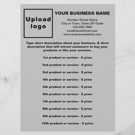 Zakelijke producten en prijzen op grijze menukaart (Voorkant)