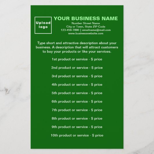 Zakelijke producten of diensten op groene kantoora briefpapier (Voorkant)