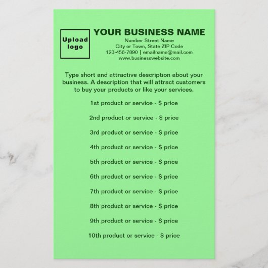 Zakelijke producten of services op lichtgroen briefpapier (Voorkant)