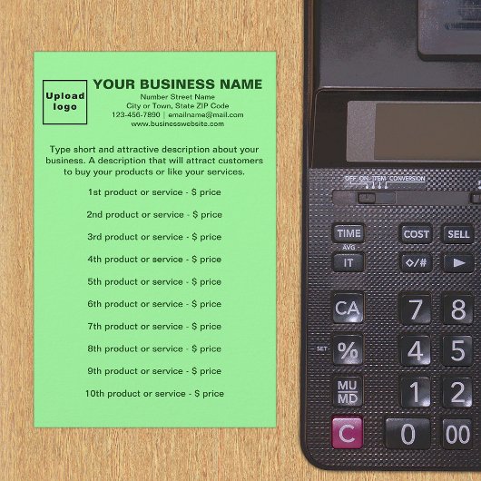Zakelijke producten of services op lichtgroen briefpapier