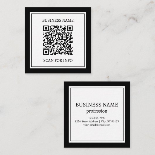 Zakelijke QR-code | Zwart & Wit Vierkante Visitekaartje (Voorkant / Achterkant)