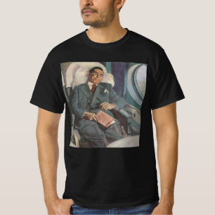 Zakelijke reizen in nostalgische stijl, lezen in h t-shirt