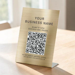 Zakelijke Scan Om Gouden QR-code te Verbinden Reclamebord Met Voetstuk