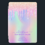 Zakelijke schoonheidssalon roze glitter iridescent iPad pro cover<br><div class="desc">Een trendy iriserende achtergrond met eenhoorn- en regenboogpastelkleuren in roze, paars, roos goud, muntgroen. Ontkleurd met faux glitter-druppels in roos goud, roze en paars. Een dekplaatje voor make-up artiesten, haarontwerpers, haar- en schoonheidssalons. Paarse gekleurde letters. Personaliseer en voeg jouw naam en contactinformatie toe. De persoonlijke naam wordt geschreven met een...</div>