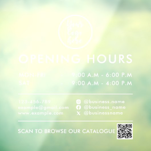 Zakelijke uren QR-code Logo Contactgegevens Wit Raamsticker (Vel 3)