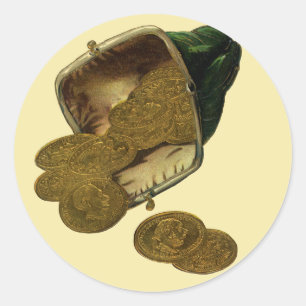Zakelijke vintagefinanciën, gouden muntgeld in por ronde sticker
