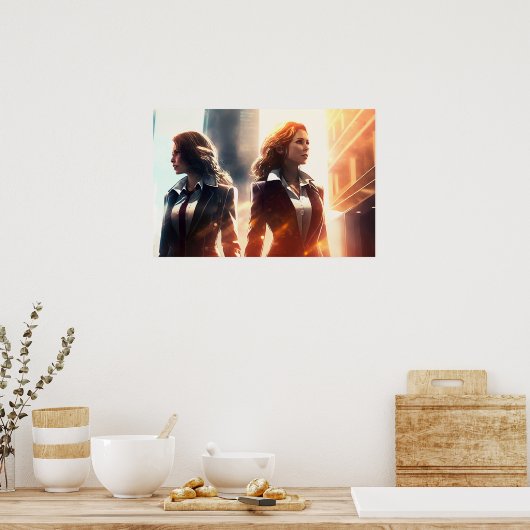 Zakelijke vrouwen in een stad van de toekomst poster (Keuken)