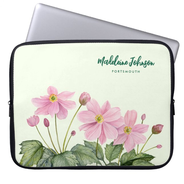 Zakelijke Waterverf Gentle Roze Japans Anemone Laptop Sleeve (Voorkant)