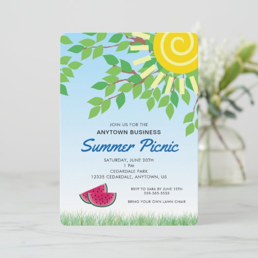 Zakelijke zomerpicknick | Bladeren en watermeloen Kaart (Staand voorkant)
