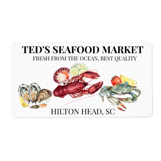 Zaken in de markt voor zeevruchten Kreeft Krab Etiket (Voorkant)