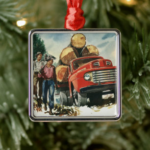  zaken, Logging Vracht met Lumberjacks Metalen Ornament