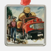  zaken, Logging Vracht met Lumberjacks Metalen Ornament (Voorkant)