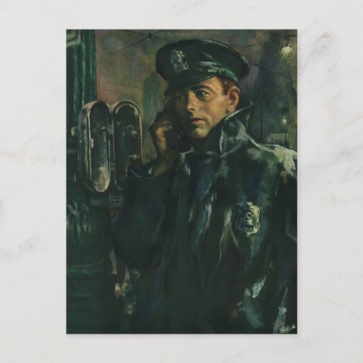  zaken, politieman op noodtelefoon briefkaart (Voorkant)