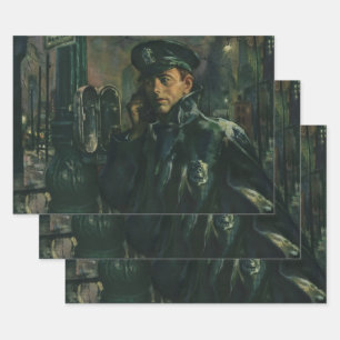 zaken, politieman op noodtelefoon inpakpapier vel