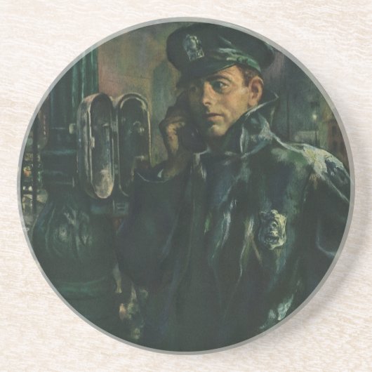 zaken, politieman op noodtelefoon zandsteen onderzetter (Voorkant)