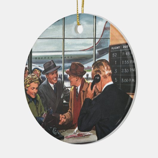 Zaken uit het verleden, mensen bij de ticketbalie  keramisch ornament (Links)