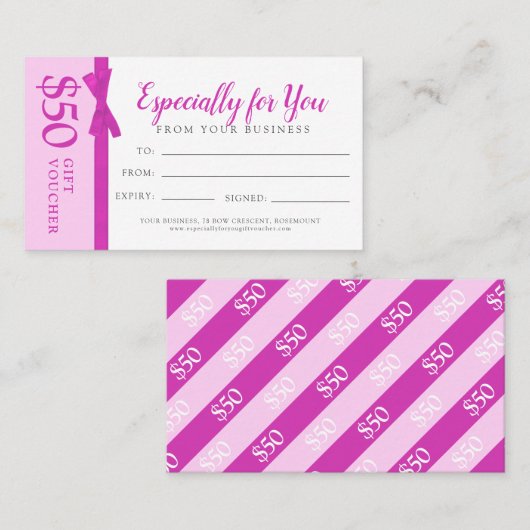 :Zakencadeau voor roze lintboeg $50 cadeaubon Kortingskaartje (Voorkant / Achterkant)