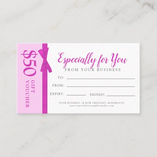 :Zakencadeau voor roze lintboeg $50 cadeaubon Kortingskaartje (Voorkant)