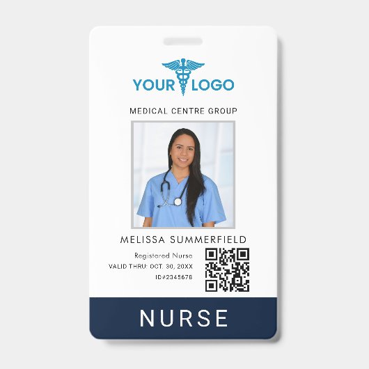 Zakenlogo QR-code Verpleegster Foto ID Badge (Voorzijde)