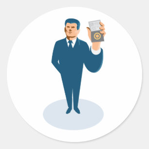 zakenman geheim agent met identiteitskaart badge w ronde sticker