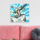 Zakenman met kranten en vliegtuigen boven canvas afdruk (Insitu (Woonkamer))