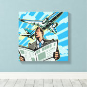 Zakenman met kranten en vliegtuigen boven canvas afdruk (Insitu (Houten vloer))